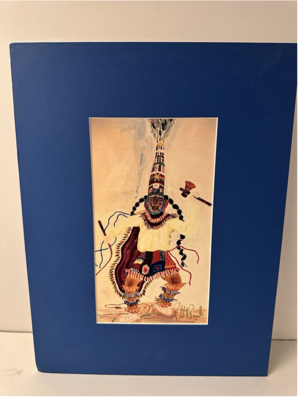 Vintage Apache Crown Dancer Art Print Signed RH Bassett Matted 12x16.5 Native Ar